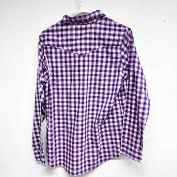 WRANGLER Button Down Women Size Medium Purple Pearl Snap Long Sleeve Plaid - Picture 3 of 3